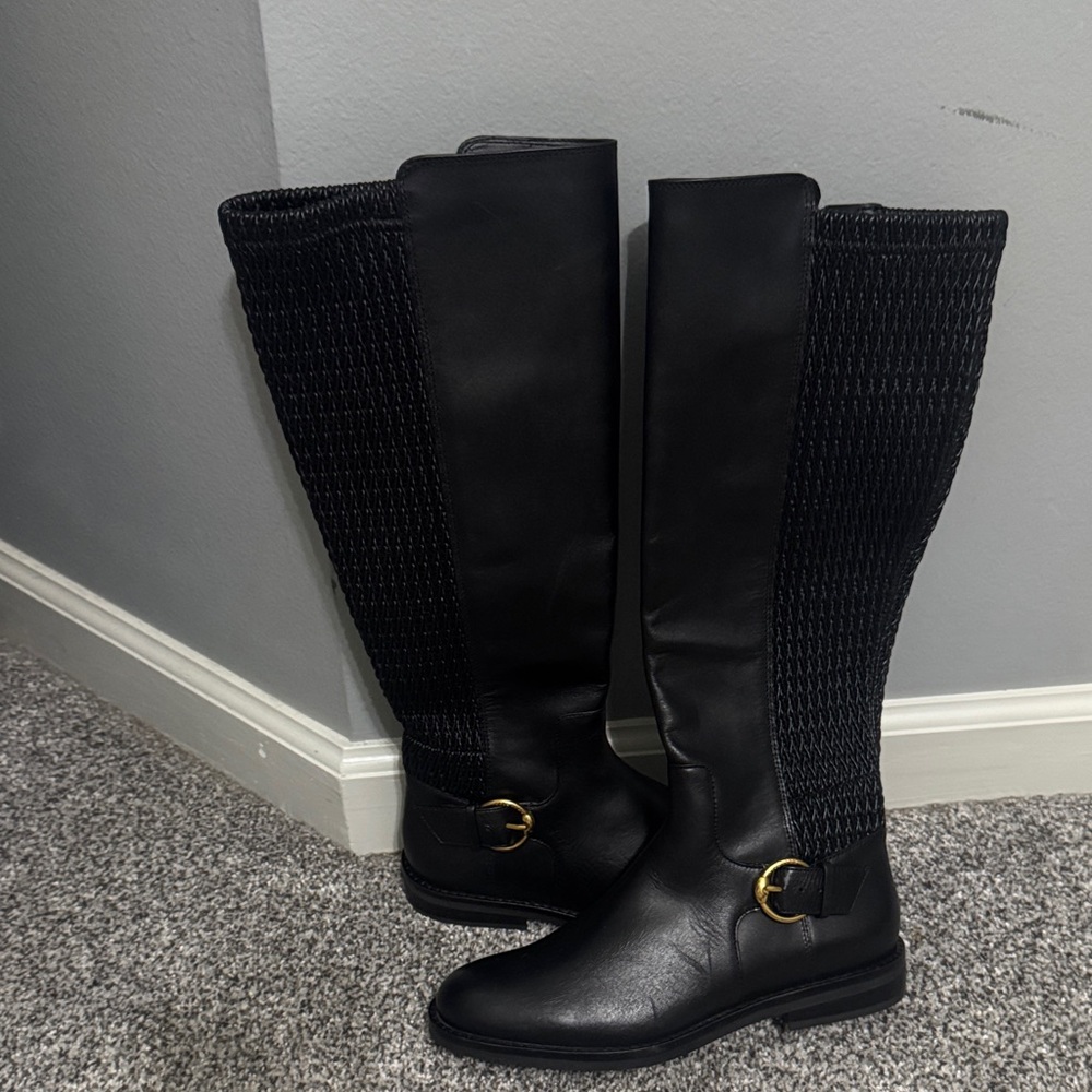 Cole Haan Black Over-the-Knee Boots with Gold Buckle